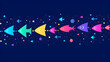 © visual artstock - Abstract graphic design of colorful fish in a row. Background is dark blue with scattered colorful shapes. Possible use for website banner or social media post