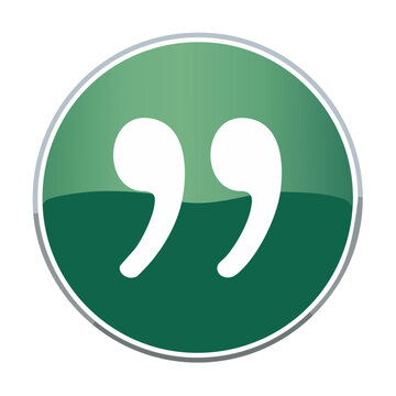 Quotation Mark Green Round Glossy Button, Speech Symbol Icon, White Quote Sign