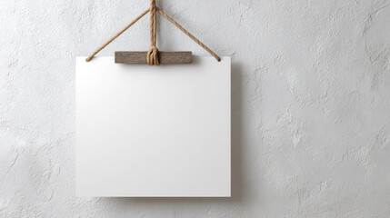 Aufkleber - a blank Paper hanging with thin rope on a white wall with texture. Isolated on pure white background. 3d illustration.