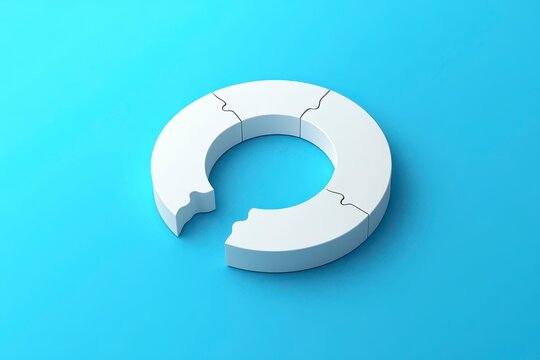 A white circle with a bite taken out of it. The circle is broken into three pieces
