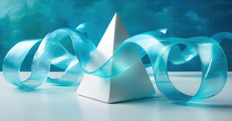 Aufkleber - Pyramid sculpture with flowing blue ribbon. Minimalist composition, soft lighting, artistic presentation. Modern design, elegant form.