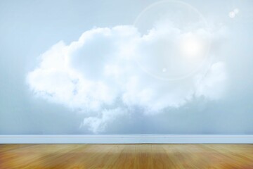 Poster - Flat design cloud graphic is floating across pale blue wall with floor, baseboard and lens flare