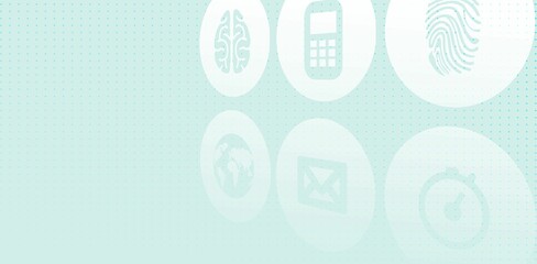 Poster - Displaying six floating white tech icons on pale turquoise gradient dotted grid, flat graphic style