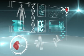 Poster - Floating 3D holographic medical panel is displaying anatomy, DNA helix, ECG heart icon, red cross