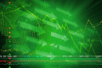 Poster - Stock market charts running on green flat dashboard, showing candlestick bars line trends arrows
