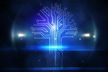 Poster - Neon-blue circuit-tree is glowing in flat design future space, featuring light flare and particles