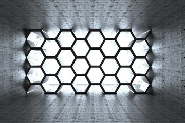 Poster - Honeycomb hexagonal grid window casting light and geometric shadows in concrete chamber, 3D render