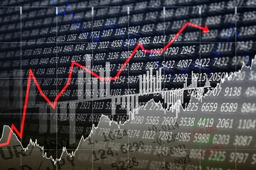Poster - Flat design chart showing red ascending arrow rising amid blue white line charts with numeric grid