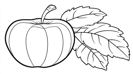 Wall Mural - detailed black and white illustration of a fresh apple with green leaves for coloring purposes