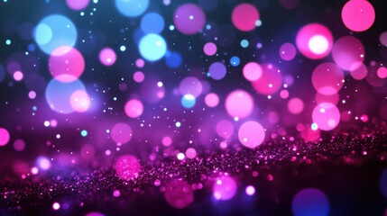 Poster - Abstract background with glowing bokeh light circles and glitter shimmer. Colorful particle effect for design. Festive holiday concept.