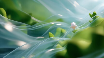 Poster - Cute creature explores a vibrant green landscape covered with flowing, translucent layers of light during a peaceful daytime moment