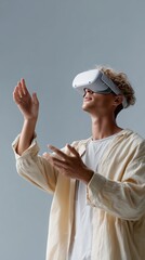 Poster - Person wearing virtual reality headset in immersive experience indoors during daytime