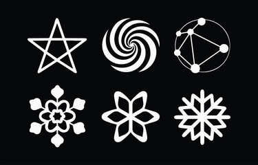 Poster - Collection of six white abstract geometric and floral shapes on a black background