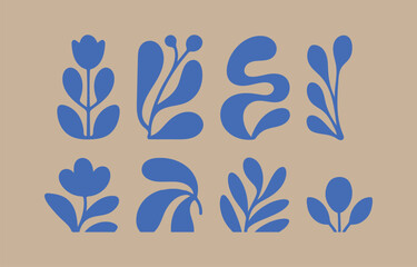 Poster - Abstract blue botanical silhouettes with organic shapes on a neutral beige background