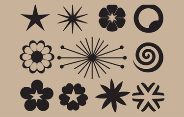Poster - Collection of twelve stylized black graphic symbols and shapes arranged in three rows on a beige background