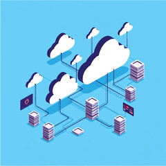 Fototapete - Illustrated concept of cloud computing technology servers connected to data storage