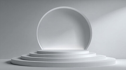 Aufkleber - 3D white podium scene with a circular arch on a grey background for product display presentation, 3d illustration in the minimalist style.