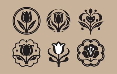 Poster - Collection of six stylized black and white floral emblems featuring tulips and decorative elements on a beige background