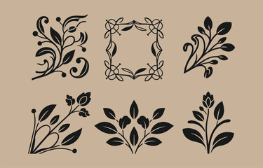 Poster - Collection of six elegant black floral and leaf decorative elements and borders on a beige background