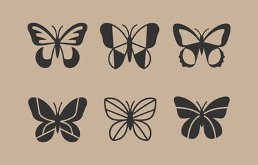 Poster - Collection of six stylized dark gray butterfly silhouettes on a light beige background