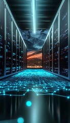 Poster - Futuristic Data Center with Networked Servers and Advanced Storage Solutions in Digital Landscape