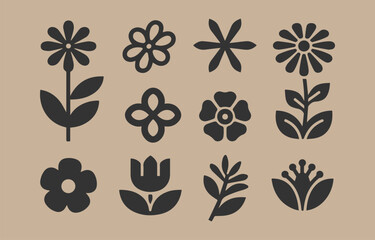Poster - Collection of twelve stylized black floral icons and simple botanical illustrations on a beige background