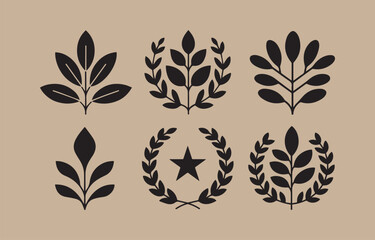 Poster - Collection of six stylized black botanical leaf and laurel wreath icons on a beige background