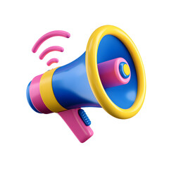 Aufkleber - Vibrant 3D cartoon megaphone icon with blue yellow and pink pastel colors emitting sound waves representing communication and broadcasting