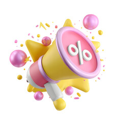 Aufkleber - Vibrant pastel colored cartoon icon of a megaphone with a white percentage symbol surrounded by energetic sparkles and abstract geometric shapes on a transparent background