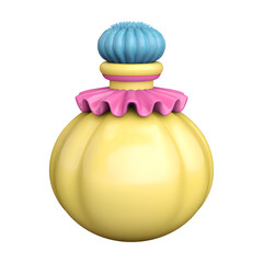 Aufkleber - Whimsical 3D rendering of a pastel yellow perfume bottle with a pink and blue puffer featuring an elegant rounded shape and a shiny smooth surface