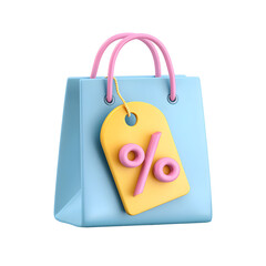 Poster - A minimalist 3D icon style of a pastel blue shopping bag with pink handles and a round yellow tag displaying a pink percentage sign representing a sale or discount offer