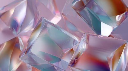 Poster - Colorful geometric crystal shapes scattered on a surface with light reflections in a minimalistic setting during daytime