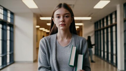 Leinwandbilder - Serious high school female student standing in school hallway, holding textbooks and looking directly at camera with focused expression while other students move past in background