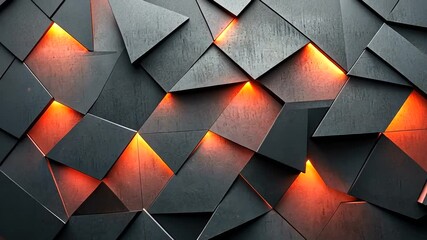 Elegant abstract black triangle tile pattern with vibrant orange glowing backlight effect