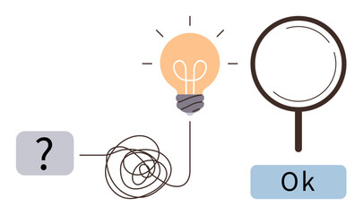 Poster - Question mark connects to tangled lines leading to a glowing light bulb and magnifying glass above Ok. Ideal for problem-solving, innovation, analysis, validation, thinking process, logical flow