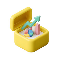 Aufkleber - Opened yellow 3D box containing various business data visualization elements such as bar chart pie chart and upward arrow representing growth and analytics