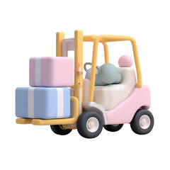 Aufkleber - A whimsical 3D rendered image of a forklift carrying a stack of pastel colored geometric blocks or cubes with a soft smooth clay like texture and minimal stylized design