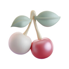 Aufkleber - Two pastel colored cherries with stems and leaves rendered in a soft smooth and minimalist clay style design on a clean white background