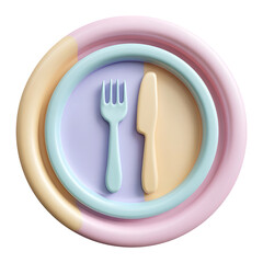 Aufkleber - A 3D rendered image of a pastel colored plate with a stylized minimal fork and knife in a clean centered composition on a white background