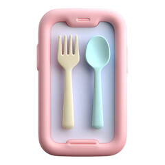 Aufkleber - A digital 3D icon depicting a smartphone screen with a pastel colored minimalist design featuring a fork and spoon in a soft smooth texture against a white background
