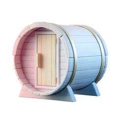 Aufkleber - A 3D clay style icon depicting a pastel colored barrel sauna cabin with a smooth minimalist design centered on a white background with no shadows