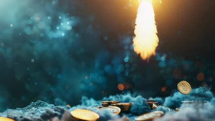 Poster - A rocket soaring through the air surrounded by coins, conveying abundance and prosperity