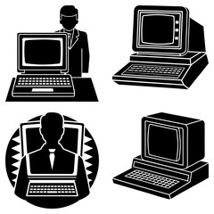 Fototapete - Four black and white illustrations of computers and people using computers in a graphic design layout