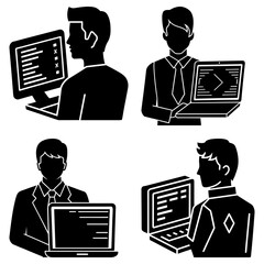 Fototapete - Illustrations of professionals working on computers and laptops in a business setting with dark silhouettes