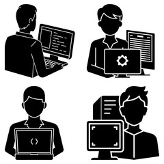 Fototapete - Four black silhouettes of people working on computers with different software development tasks shown