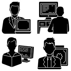Poster - Illustration of four black silhouette icons showing people working on computers and reading books online