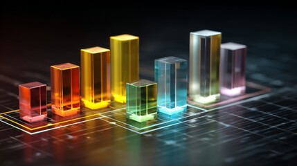 Poster - D bar graph with transparent bars on a digital grid, glowing neon lines on the base, creating a high-tech and futuristic data visual