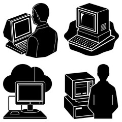 Fototapete - Four black and white computer illustrations showing different eras and cloud technology use cases online