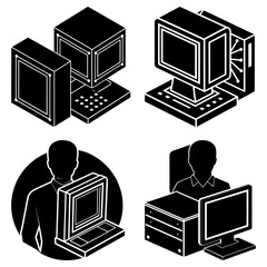 Fototapete - Illustrations of desktop computers and people using computers in a black and white graphic style