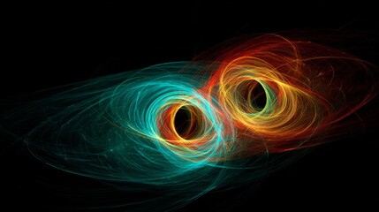 Poster - Abstract graphic with circular forms and swirling lines in bold colors, conveying a sense of energy and movement on a dark gradient background